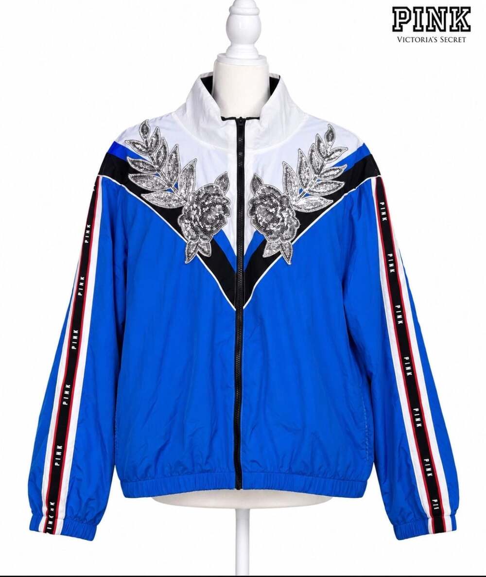 Victoria’s Secret PINK Bling Roses Perfect Full Zip Anorak Jacket M/L Blue